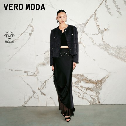 Vero Moda毛呢外套2025冬新款纯羊毛流苏包边上衣气质32544T005