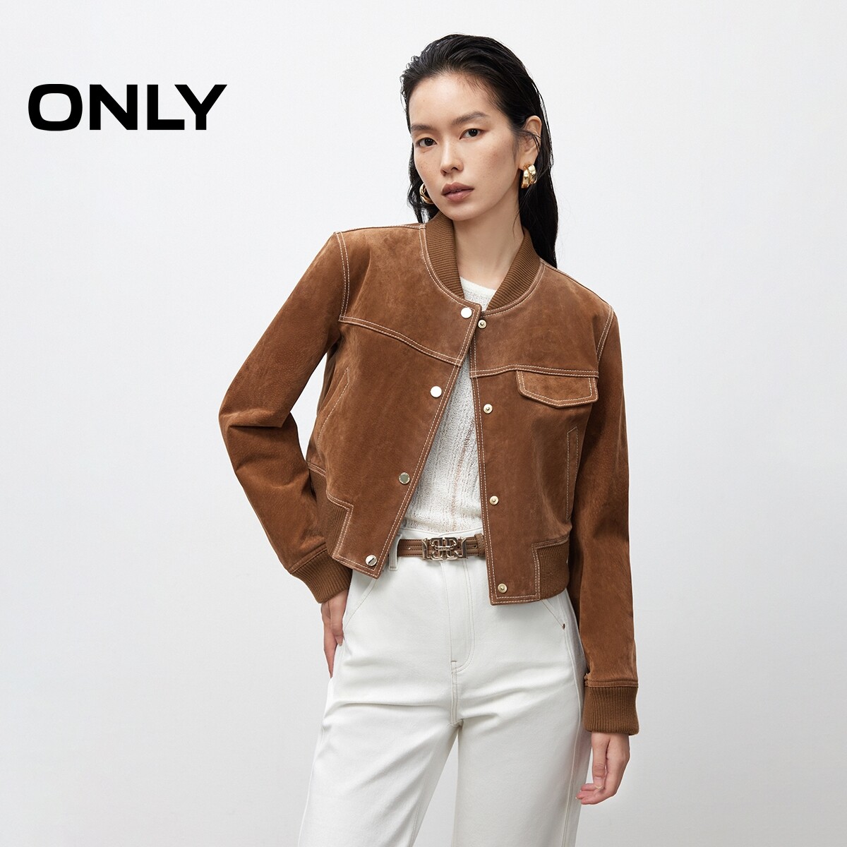 ONLY2025冬新款复古棒球风纯色正肩短款皮衣外套女|125310011