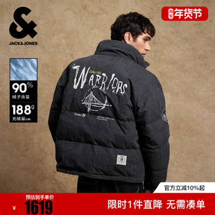 杰克琼斯NBA联名勇士队男装羽绒服春季满印字母宽松立领保暖外套