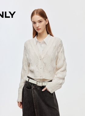 ONLY2025秋季新款V领落肩短款纯色长袖开衫针织衫女|12543B017