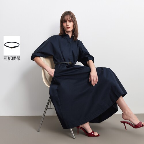 Vero Moda连衣裙2026夏季新款腰带翻领灯笼袖纯棉简约A字裙