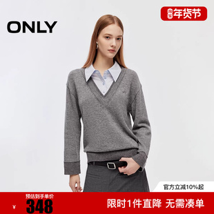 ONLY2025冬新款宽松落肩衬衫领假两件拼接针织衫女|125413007
