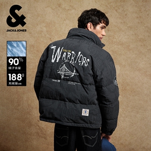 杰克琼斯NBA联名勇士队男装羽绒服春季满印字母宽松立领保暖外套