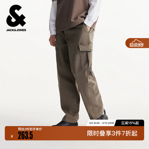 绫致杰克琼斯男装休闲裤宽松裤腿摁扣工装口袋简约切割压褶设计