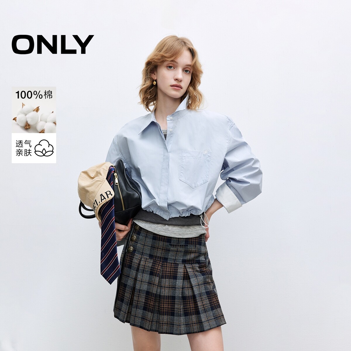 ONLY2025冬新款简约质感刺绣纯棉宽松短款翻领外套女|125236009