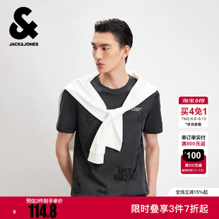 杰克琼斯男装T恤春季新款前胸字母刺绣衣身满印纯棉圆领合体短袖