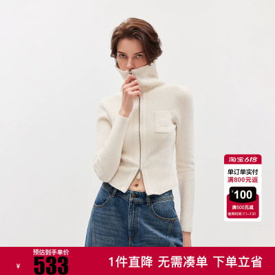 ONLY2026春季新款大翻领双向拉链设计长袖针织衫女|12613A027