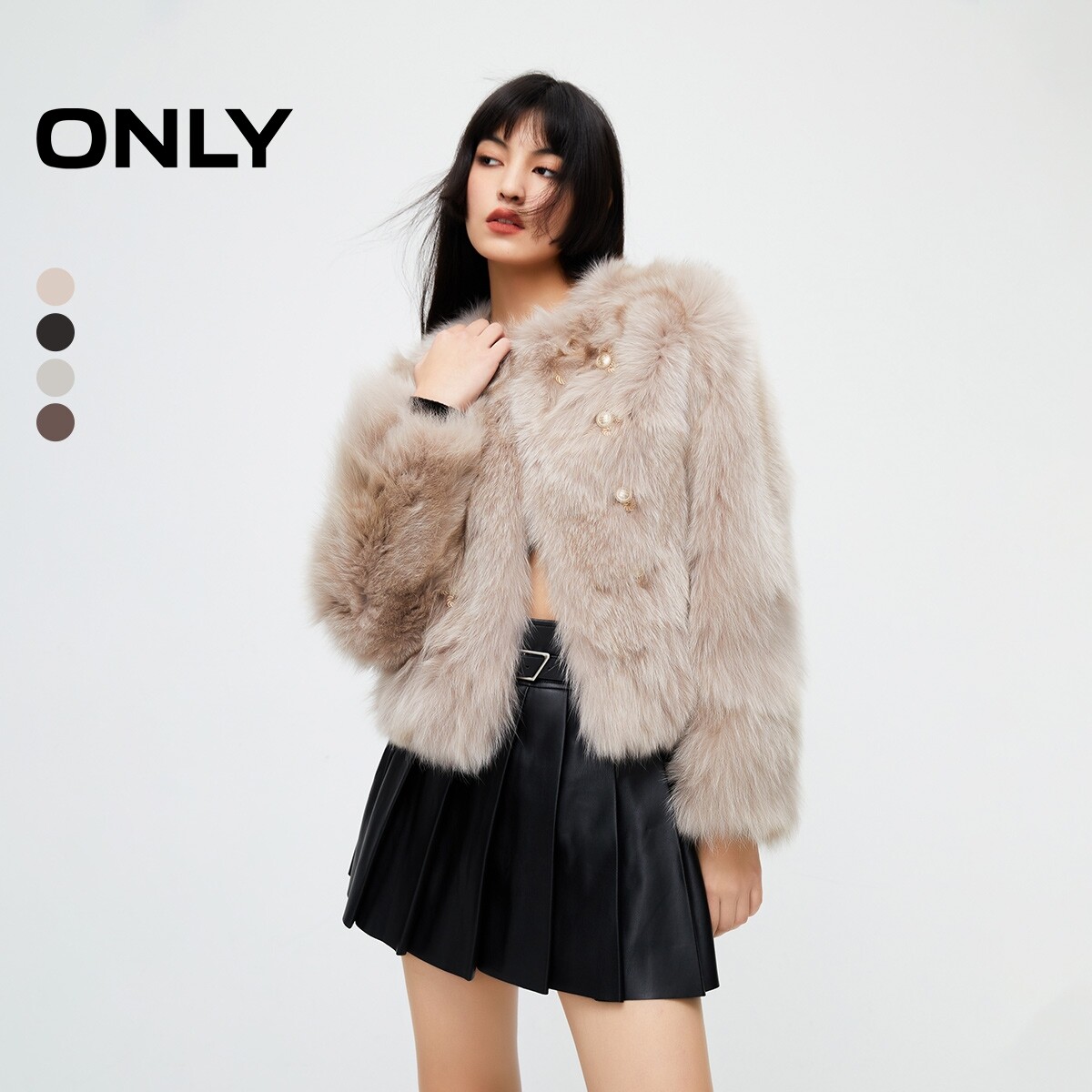 ONLY2025冬季新款时尚优雅气质圆领短款皮草外套女|12549L002