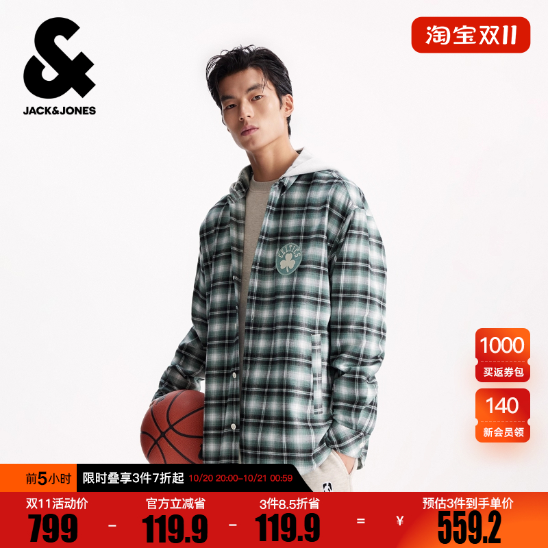杰克琼斯秋季男装衬衫外套上衣连帽设计格纹时尚百搭潮流字母男款