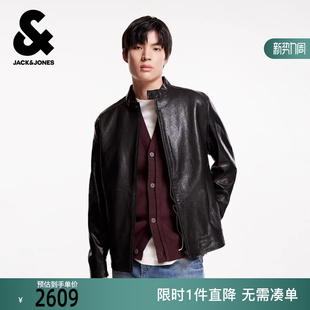 时尚 男装 机车风羊皮夹克外套立领纯色直筒拉链上衣 款 杰克琼斯春季