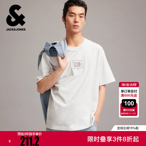 杰克琼斯男装春季新款图案刺绣胶印休闲舒适百搭宽松圆领短袖T恤