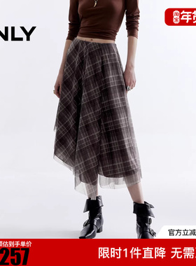 ONLY2025冬新款英伦复古格纹印花A字中长款半身裙女|12531G001