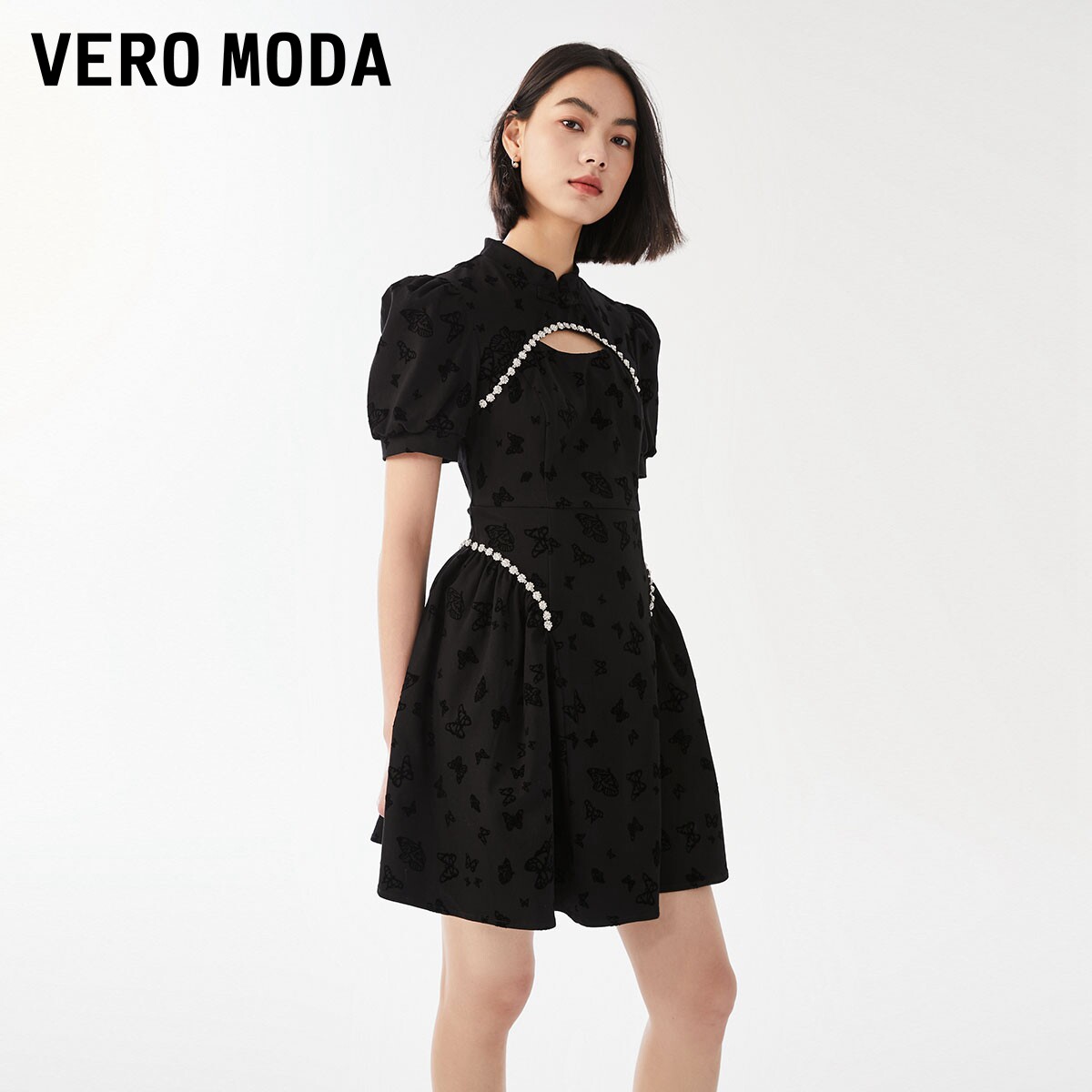 Vero Moda连衣裙2025冬新款气质新中式改良旗袍镂空泡泡袖