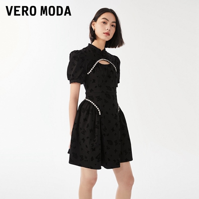 Vero Moda连衣裙2025冬新款气质新中式改良旗袍镂空泡泡袖