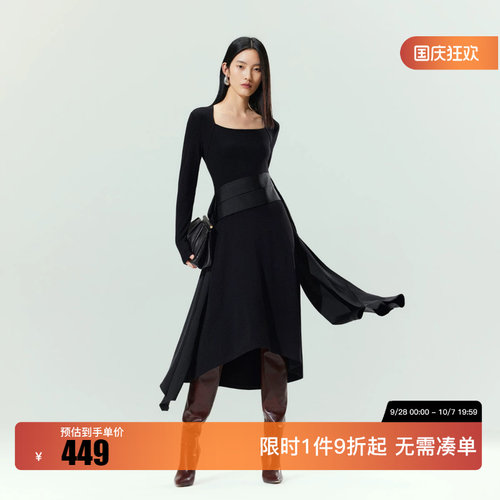 绫致Vero Moda连衣裙2026秋上新拼接飘带方领A字裙摆优雅长裙
