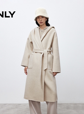 ONLY2023冬季新款双面呢浴袍连帽设计收腰毛呢大衣女|12546U008