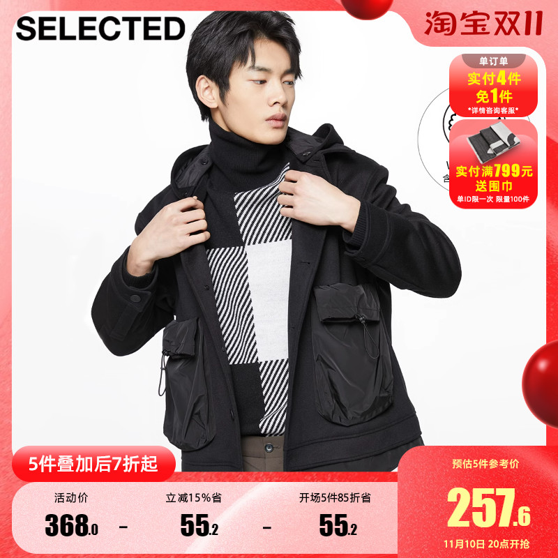 SELECTED思莱德2023含羊毛拼接料连帽黑色毛呢大衣外套男