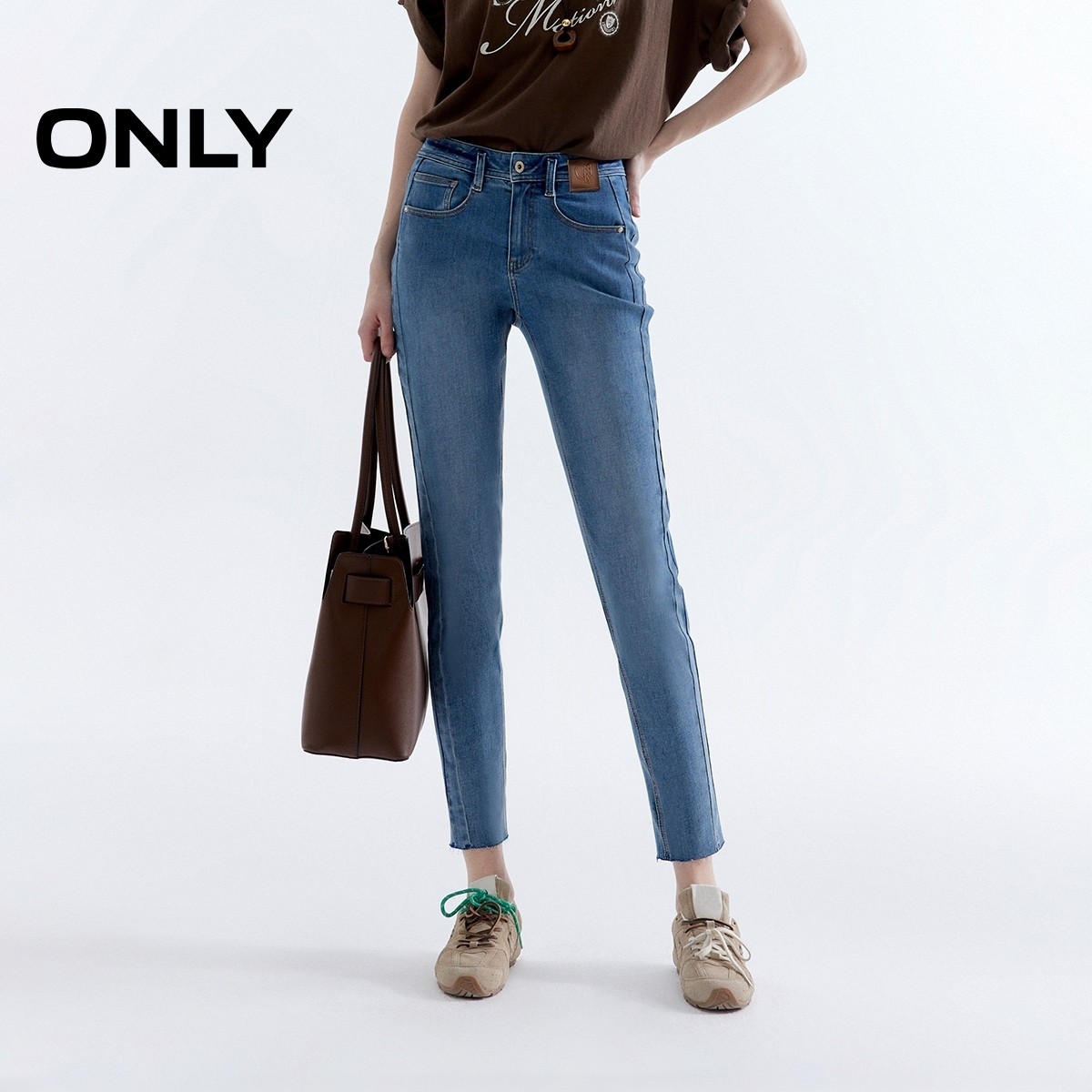 ONLY2025冬新款个性脚口毛边高腰紧身九分裤牛仔裤女|125349025