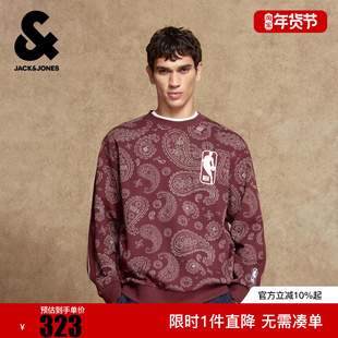 杰克琼斯NBA联名卫衣冬新款时尚百搭条纹印花贴布宽松圆领上衣