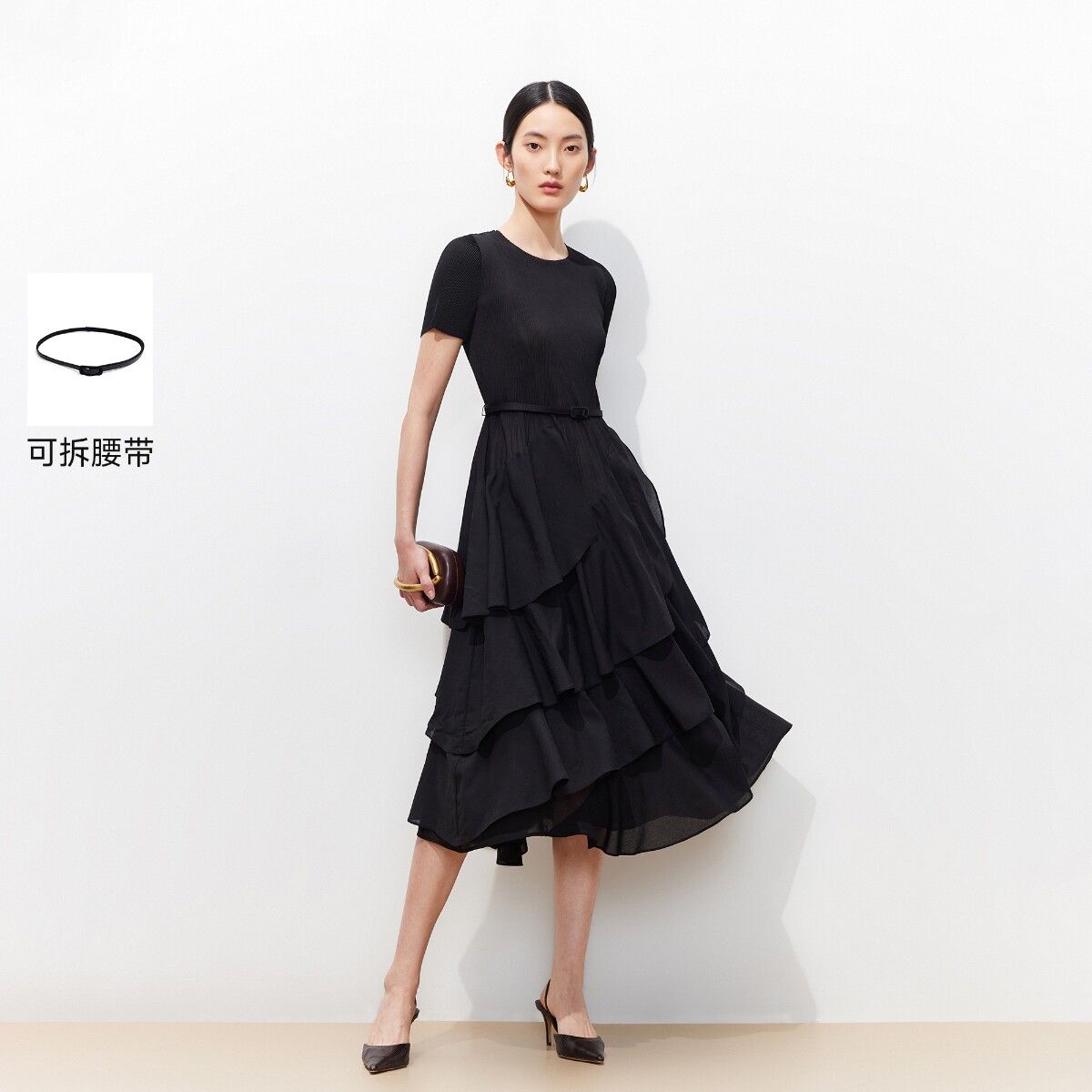 Vero Moda连衣裙女2026夏季新款腰带正肩飘逸下摆小黑裙32627B023