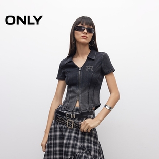 T恤女 ONLY2025春季 短款 新款 12527I004 做旧水洗V领显瘦正肩修身