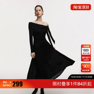 绫致ONLY2026夏季新款一字肩中长款裙子长袖A字连衣裙女