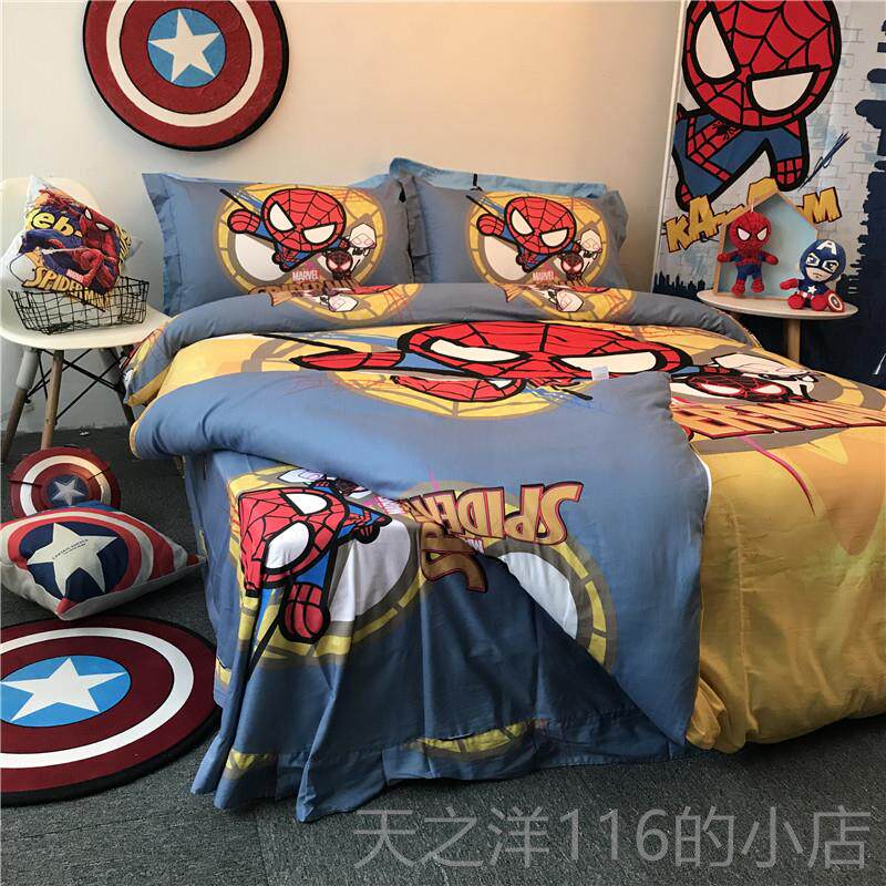 正品迪士尼卡通蛛侠儿件童纯棉蜘四件套男孩男童全棉三家纺床单被