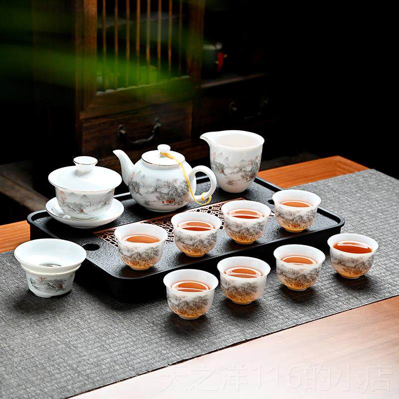 正品冰种茶羊玉功夫茶具套白瓷脂家用办公室会客陶瓷盖碗壶高档组