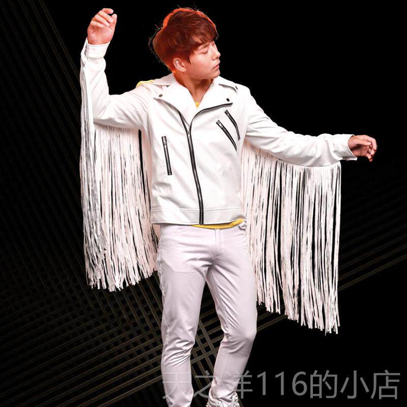 正品新潮男歌夜会酒吧鼓Dj表演总服装个性套化流手苏Pu皮裤西装流