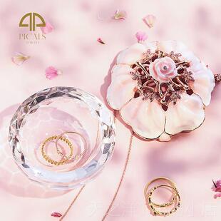 正品日本PICALS粉K9玫瑰花水晶首饰盒链耳钉盒收纳镜前桌手面色小