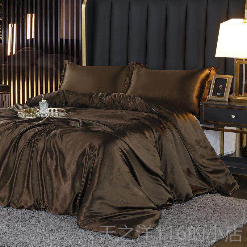 正品真丝四件裸绸睡床单冰丝缎桑蚕丝凉被套床笠床套奢上用品轻简
