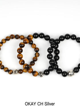 罗心潮流10mm黑曜石虎眼石925纯银珠子手串手链珠链