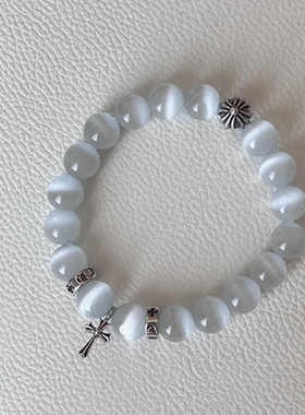 十字架925纯银10mm白猫眼石手链手串男女情侣手饰小众配饰