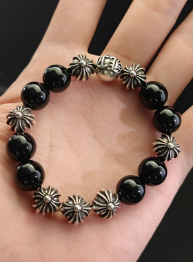 天然黑曜石925银12mm复古做旧