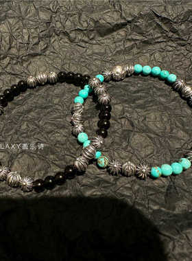 s925纯银4mm天然黑曜石绿松石多银珠十字花叠戴潮流男女手串手链