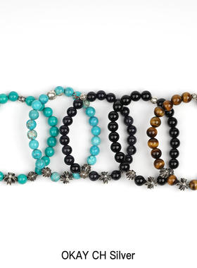 罗心潮流四银珠8mm绿松石黑曜石虎眼石925纯银珠子手串手链