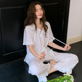 夏季纯棉短袖套装清新风褶皱边甜美少女感睡衣可爱减龄家居服