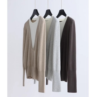 返单拼色大U领羊毛混纺针织衫长袖秋冬打底假两件上衣时髦女套头