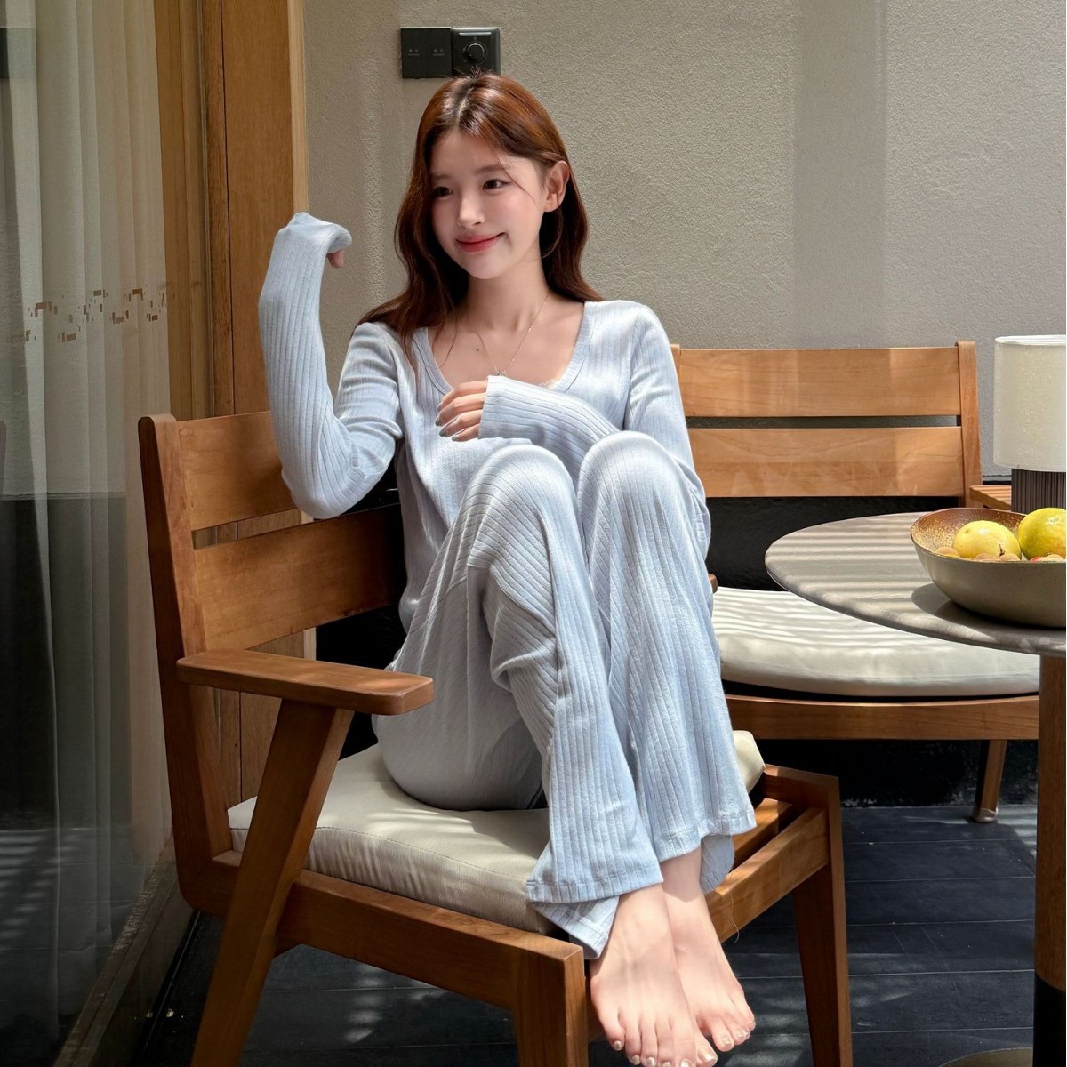 唯美胸垫版睡衣女春秋纯棉全棉高级坑条蕾丝边款长袖3件套