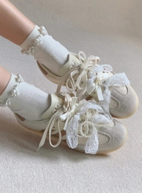 珍珠鞋带配饰阿迪amba德训鞋ins风白色蕾丝运动鞋花蝴蝶结装饰扣