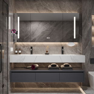 现代简约岩板无缝盆卫生间浴室柜组合双盆大户型洗手洗脸盆洗漱台