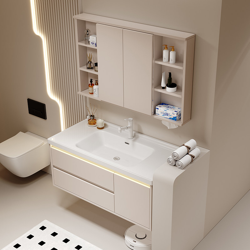 奶油色折叠风水镜陶瓷一体盆浴室柜卫生间洗漱台洗手洗脸盆柜组合,家装主材,浴室柜组合,淘宝优惠券,粉丝福利购,淘宝优惠卷