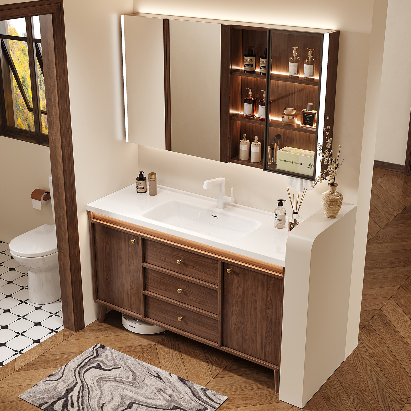 中古风胡桃木浴室柜组合陶瓷一体盆落地式卫生间洗手洗脸洗漱台盆