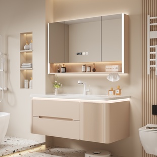 法式奶油风圆角浴室柜陶瓷一体盆卫生间洗漱台洗脸洗手盆组合卫浴