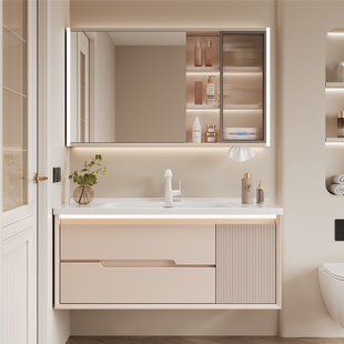 奶油风简约浴室柜陶瓷一体盆卫浴柜组合卫生间洗漱台洗手洗脸盆柜