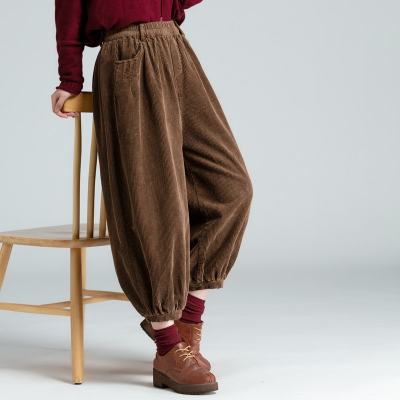 秋冬女士九分气球裤条绒宽松灯芯绒休闲纯棉灯笼裤束脚靴裤高腰