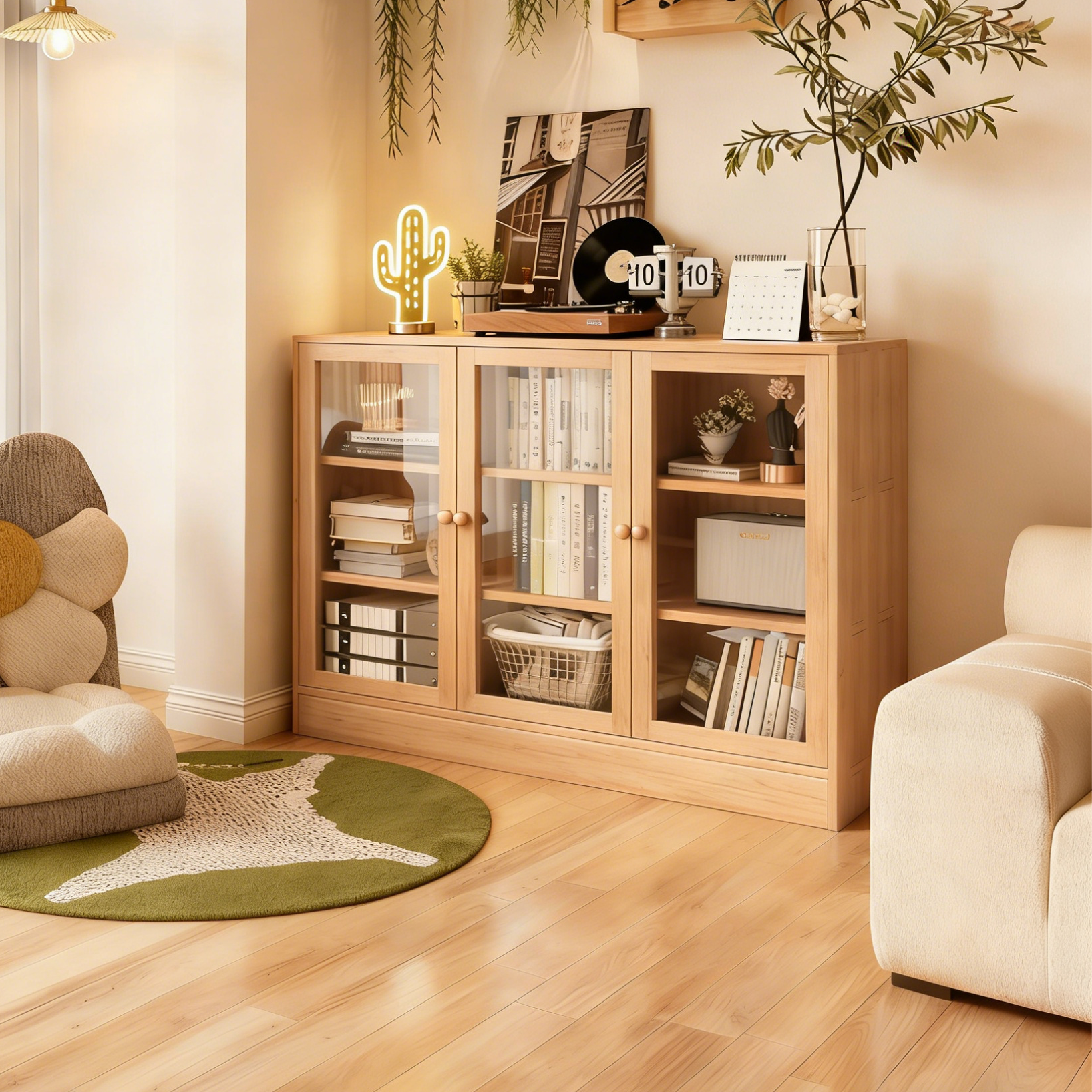 卓禾实木书柜储物柜靠墙一体带玻璃门学生家用落地防尘置物架矮柜