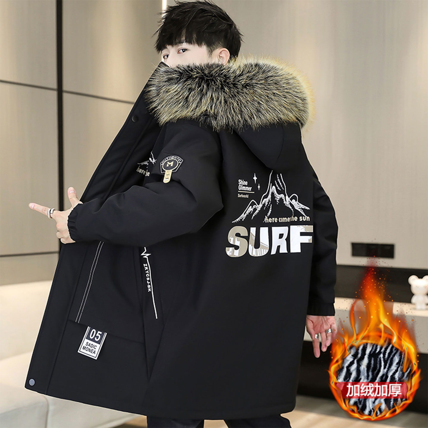 派克棉服男中长款冬季加绒加厚