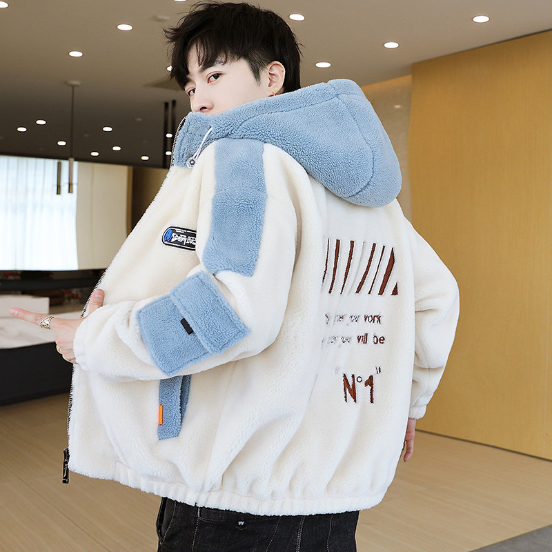 冬季摇粒绒外套男带帽羊羔绒加棉加厚颗粒绒棉衣冬装男士潮流棉袄