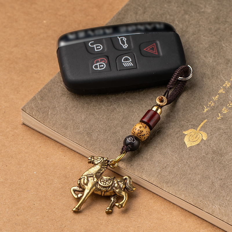 十二生肖马属相黄铜汽车钥匙扣挂件小铜器菩提手工编织挂绳复古风
